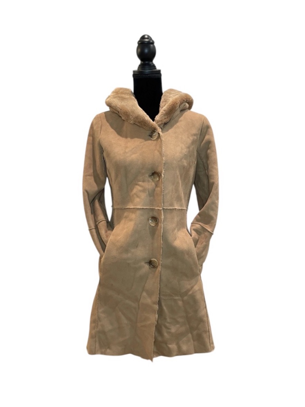 Calvin Klein Tan Hooded Faux Shearling Peacoat
